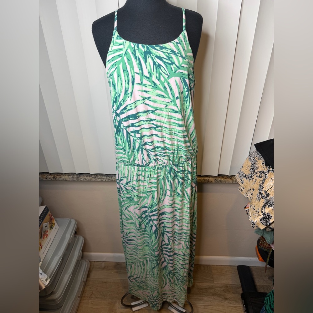 Serra Green Leaf Tropical Print Sleeveless Maxi Dress Woman Plus Size 1X